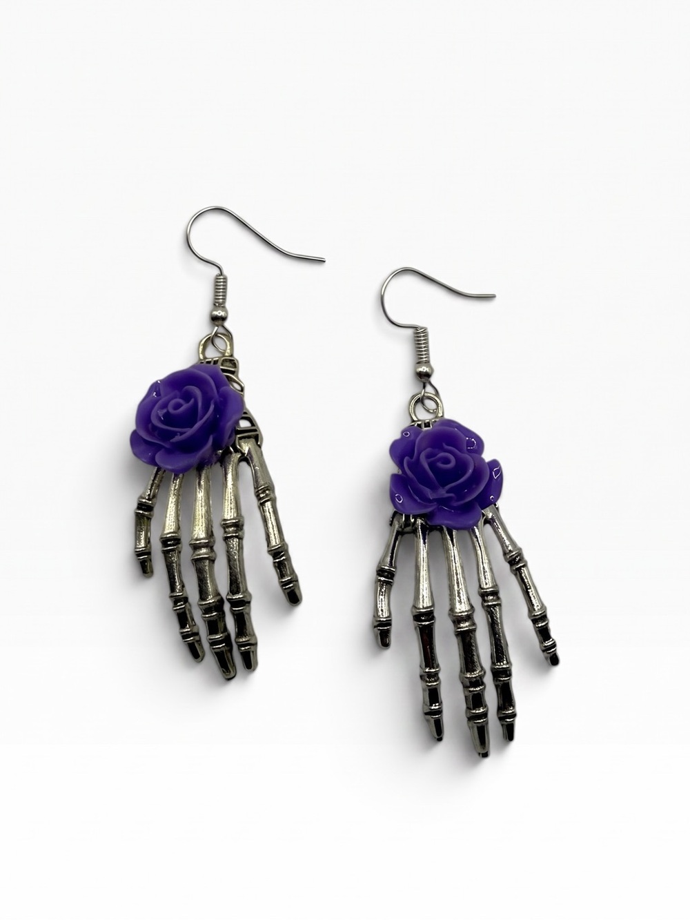 Halloween Skeleton Hand with Purple Rose Dangle Earrings